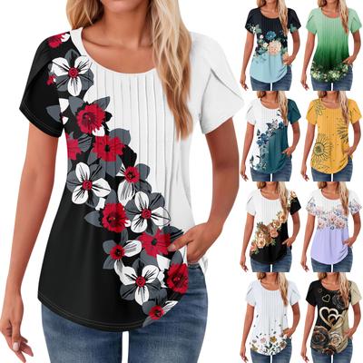 Damen Tops Blütenblatt Kurzarm Sommer Rundhals Shirts Blumendruck Blusen für Damen Elegant Casual