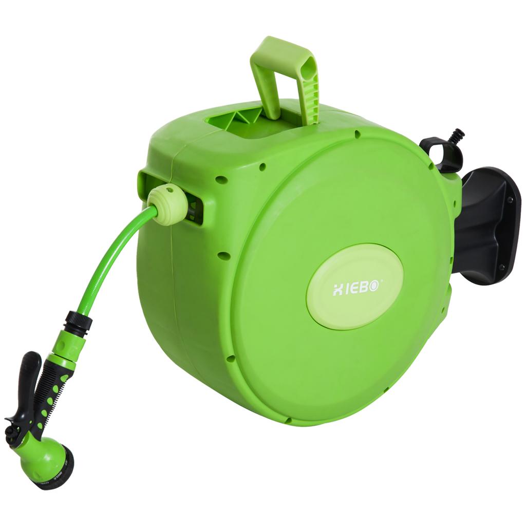 Retractable Garden Hose Reel with 20 m Water Hose, Wall Hose Reel Swivel 180 degrees, Automatic Hose Reel Garden Hose for Irrigation in plastic, Green