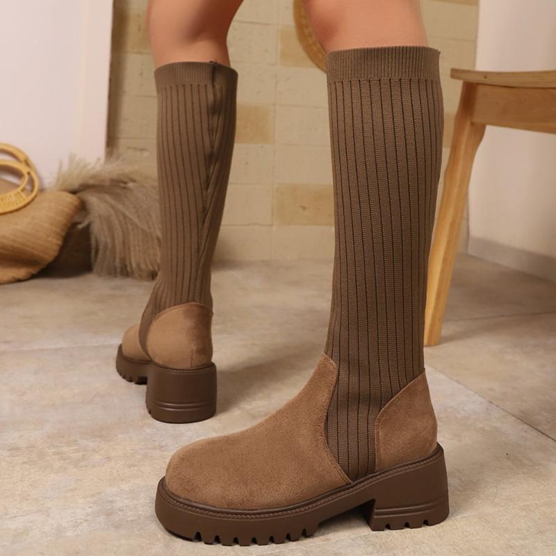 Women Chunky Platform Knitted Socks Boots Knee High Fad Heeled Shoes  Winter New Casual Mid Heels Woman Chelsea Long Botas
