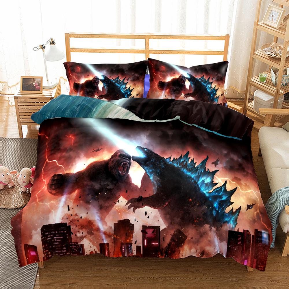 Juego de Ropa de Cama con Estampado de Dibujos Animados de la Película Godzilla Vs King Kong Impresión 2D Funda Nórdica Cama Individual Doble Queen King Ropa de Cama Ropa de Cama