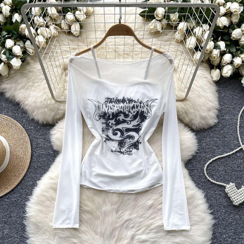 Stylish Bandage Dress Two-piece Set Women's Fashion off-the-Shoulder Long Sleeves Thin Print Mesh T-shirt + Bottoming Shirt Camisole