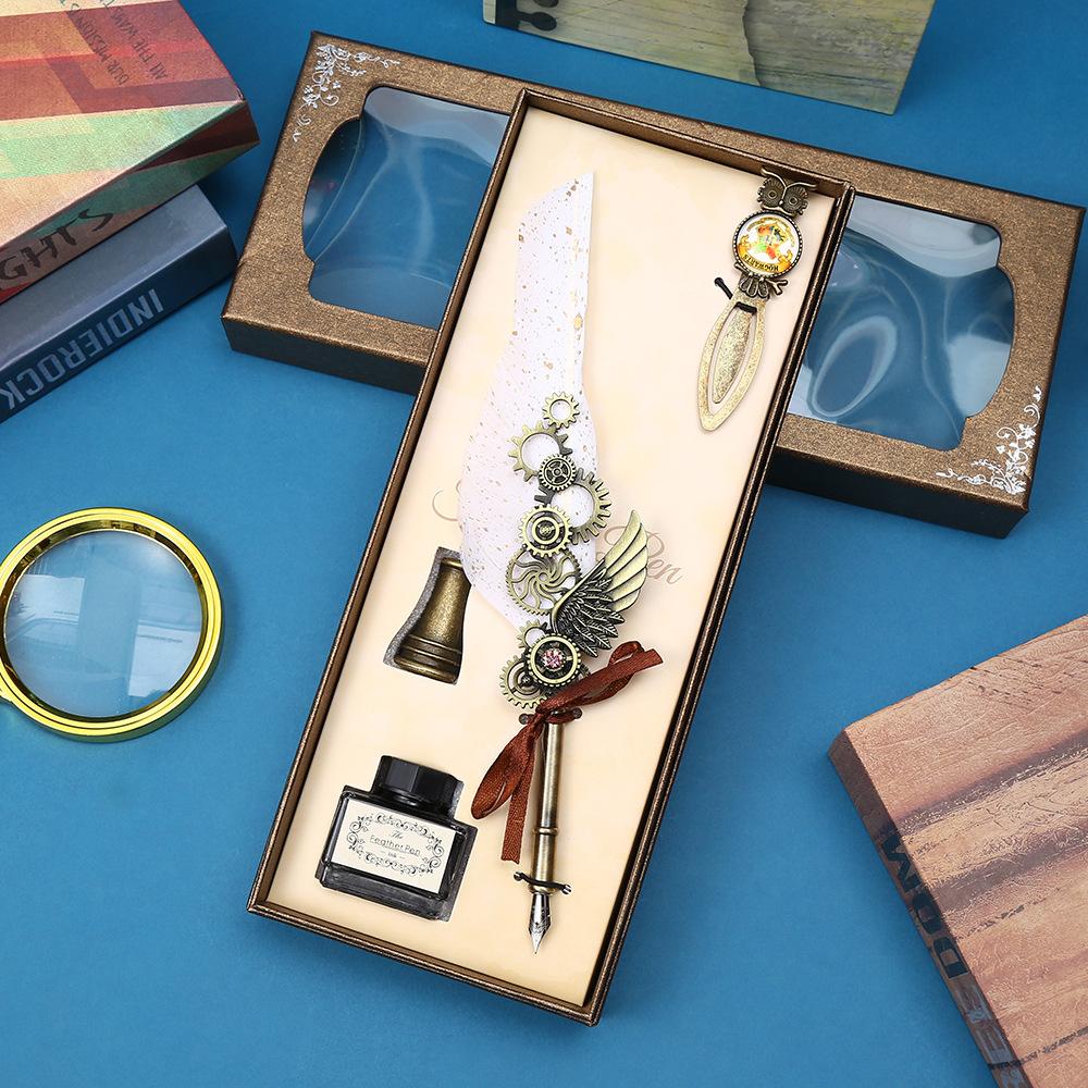 Vintage Feather Pen Mechanical Gear Feather Pen Steam Dip Pen Gift Box Teachers' Day Student Gifts