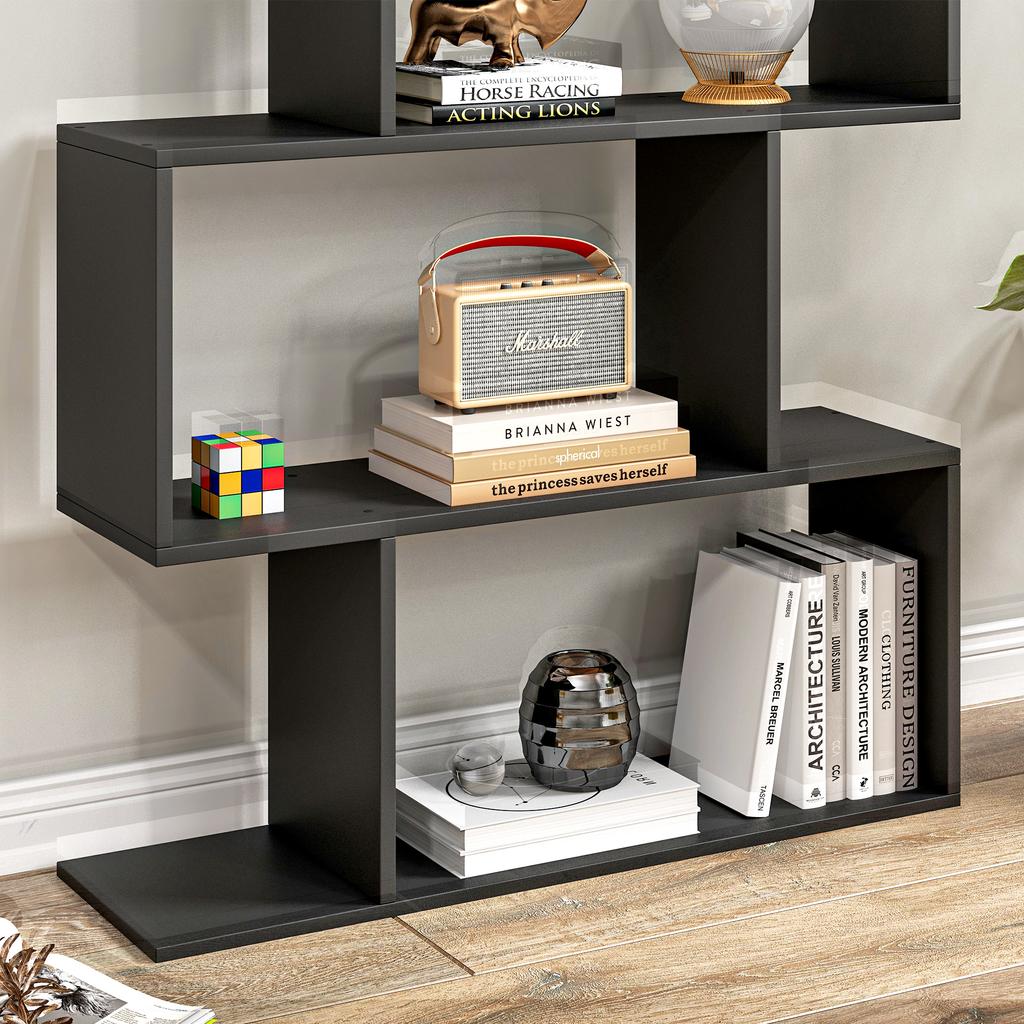 Zigzag Bookcase Shelf Contemporary Design 80L x 23W x 192H cm 6 Levels Black