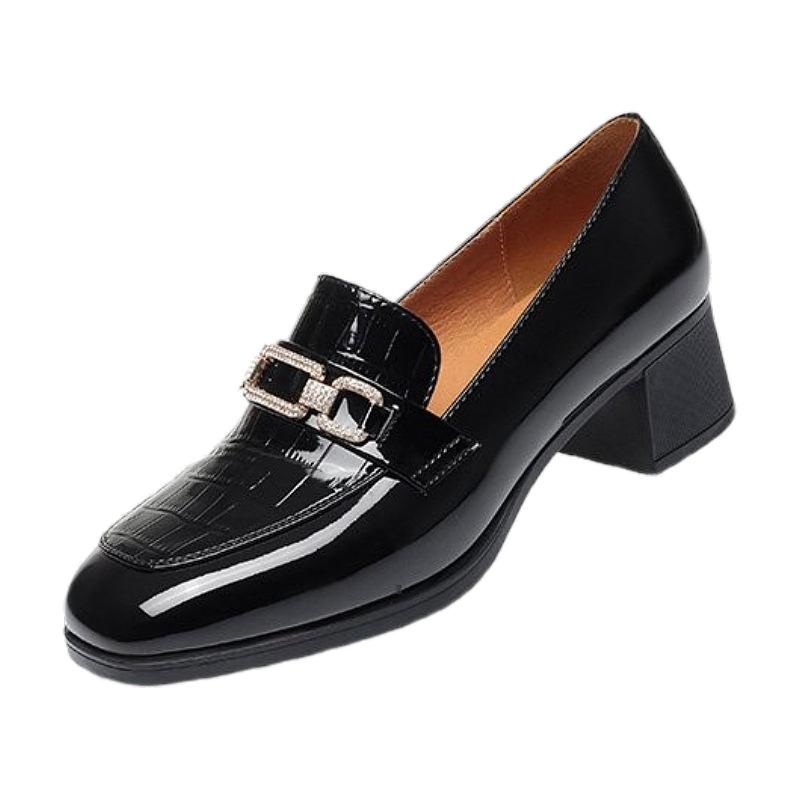 Spring Women's Casual Soft Leather Thick Heel Square Toe Leather Shoes