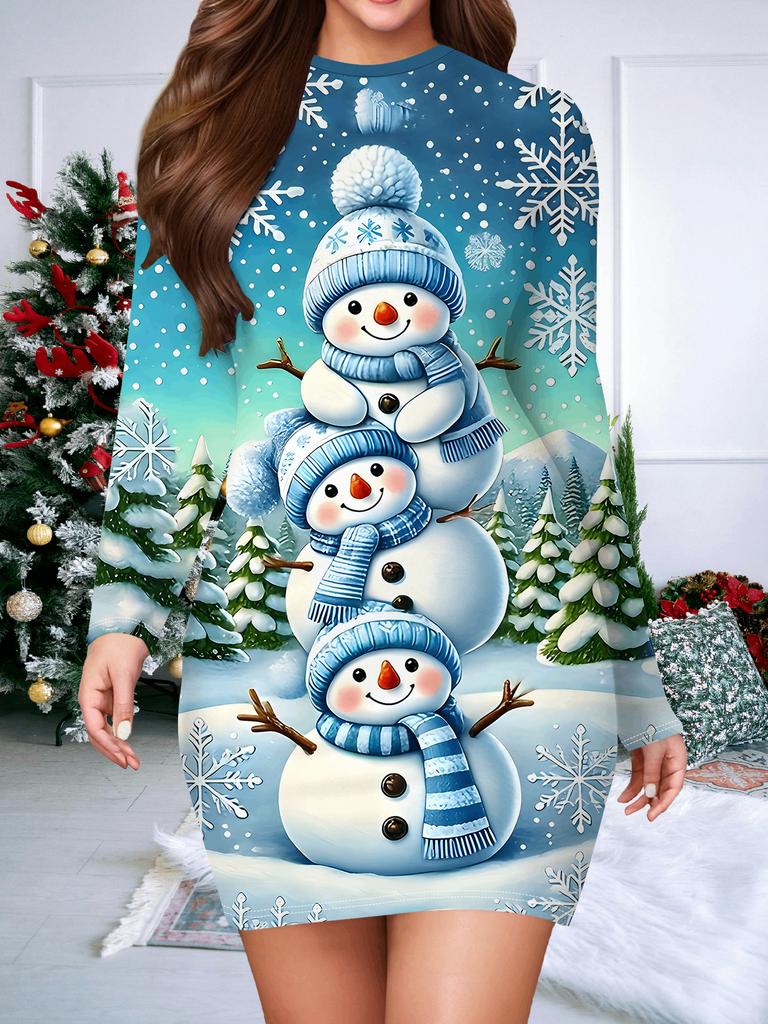 2025 Autumn and Winter New Women's Hip-wrapped Dress,3D Snowman Printing and Dyeing Women's Fashion Long-sleeved Round Neck Sexy Hip-wrapped Dress
