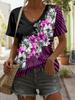 2025 New Summer Women's Cat Paw Color Print T-shirt V-neck Short Sleeve Street Casual Daily Basic Tops