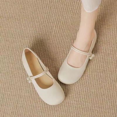 French Pearl Mary Jane Single Shoes Women'S Versatile Light Mouth Breathable Soft Sole Low Heel Wear-Resistant Small Leather Shoes