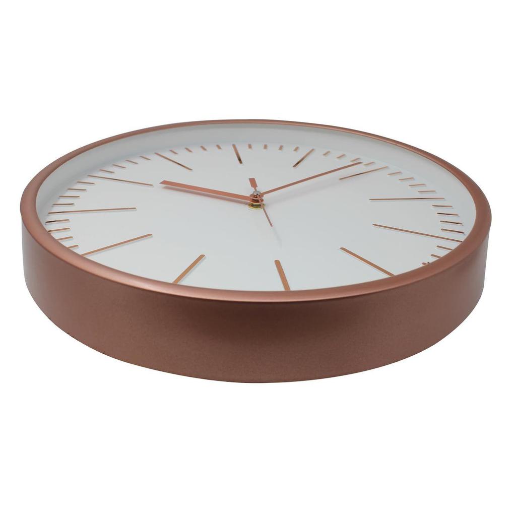 Embossed Metallic Analog Wall Clock, Silent Sweep, Line Time Indicator (12 Inches, Copper and White)