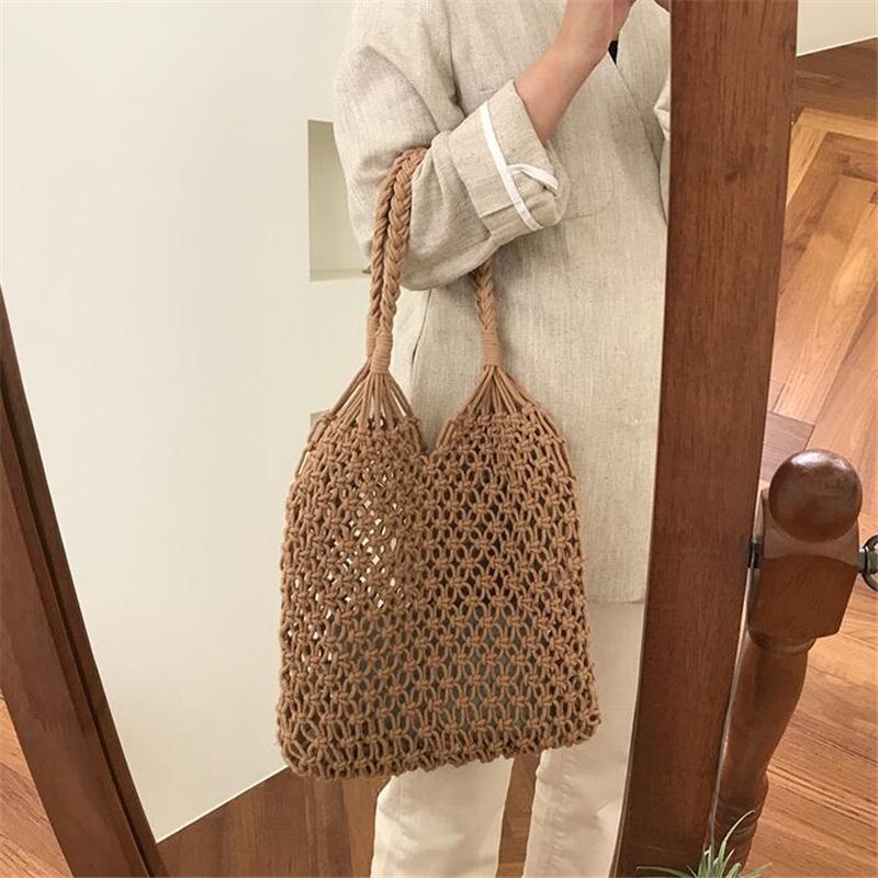 Woven Bag Mesh Rope Weaving Tie Buckle Reticulate Hollow Straw Bag No Lined Net Shoulder Bag