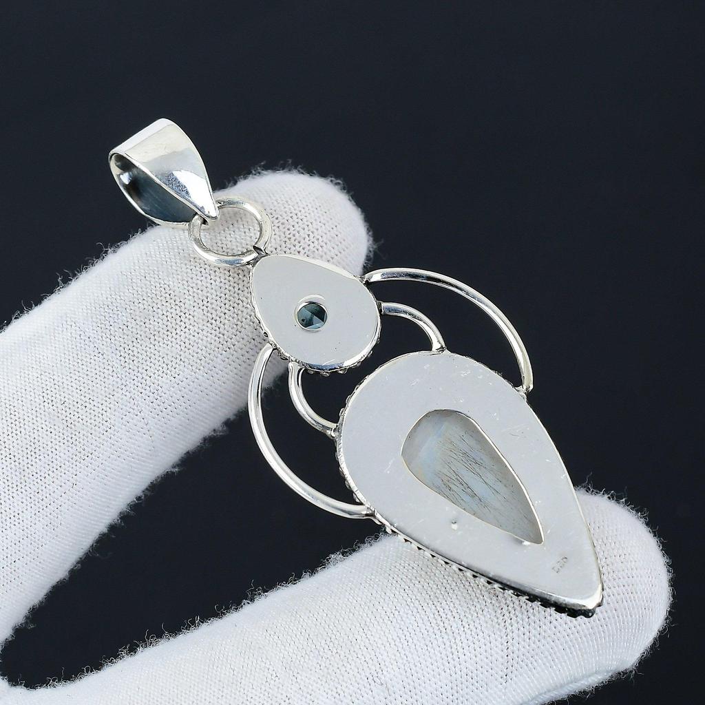 Natural Rainbow Moonstone Gemstone Silver Pendant In 925 Sterling Silver- Handmade Design, Everyday Wear Jewelry, Unique Blue Topaz Pendant