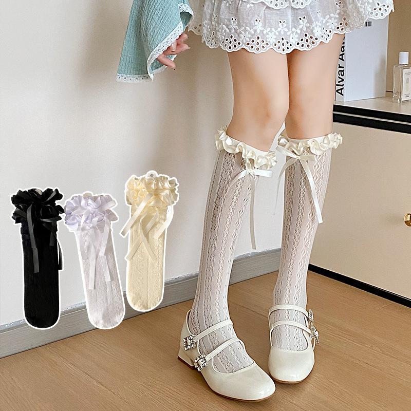 

Lace Socks for Women, Long Lolita Spring/summer Thin Mesh Bow Calf Satin Ribbon Knee-length Pile-up Stockings 1 pair бежевий