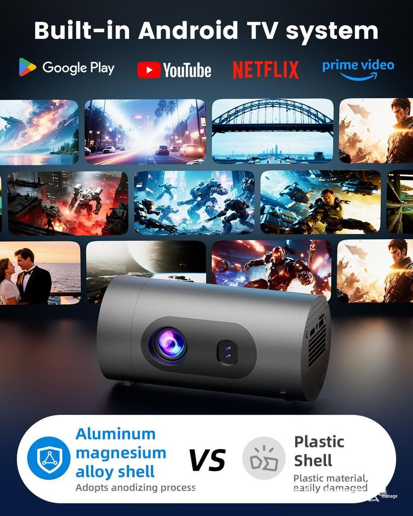 4K HD WiFi Android Smart Mini Projector Q8 with Mobile Power Connectivity