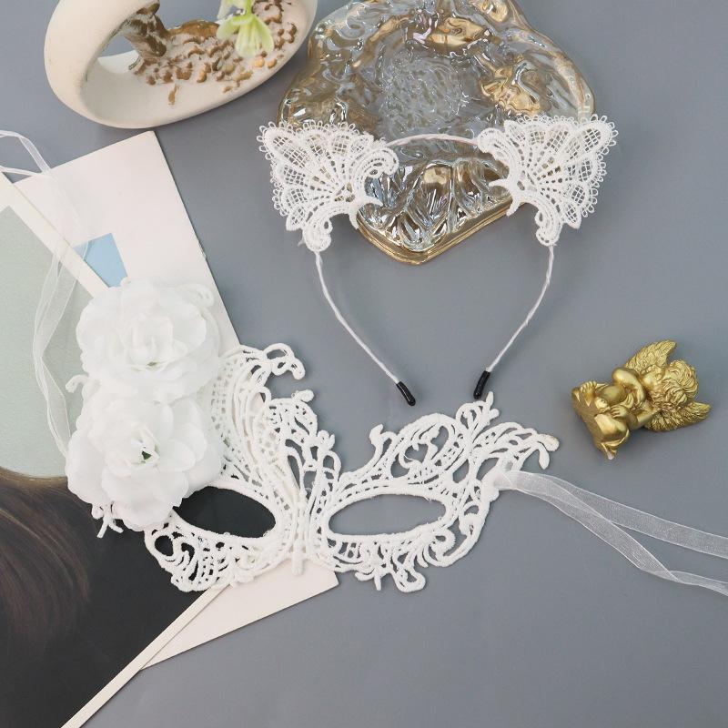Halloween Masquerade Lace Eye Mask & Cat Ear Headband Set