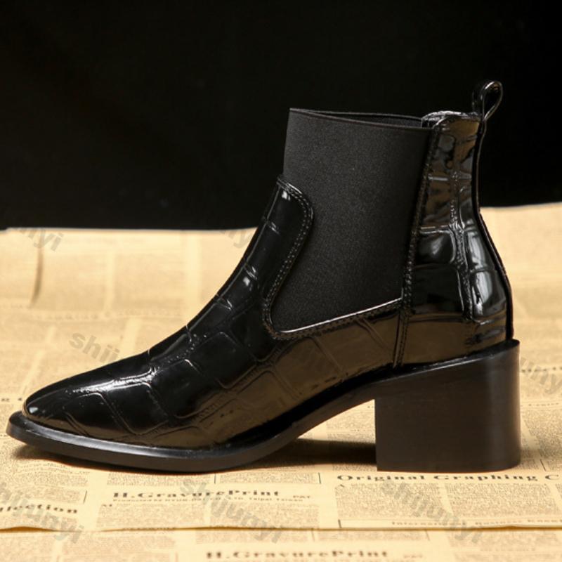 Fashion Women's Chelsea Boots Autumn Winter British Style Leather Mid Heel Ankle Boots Women Round Toe High Heels Shiny Leather Booties