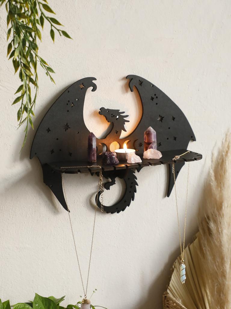 Gothic Black Dragon Wooden Floating Wall Shelf Crystal Shelf Moon Phase Candle Holder Wall Rack Aesthetic Witchy Room Decoration