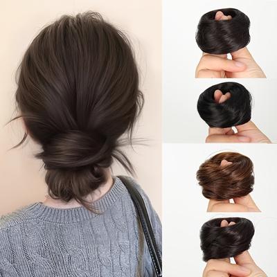 Peruca Sintética Fácil de Usar para Cabelo Preso Elegante Coque Chignon Reto com Elástico Fibra Resistente ao Calor Cabelo Postiço Rabo de Cavalo