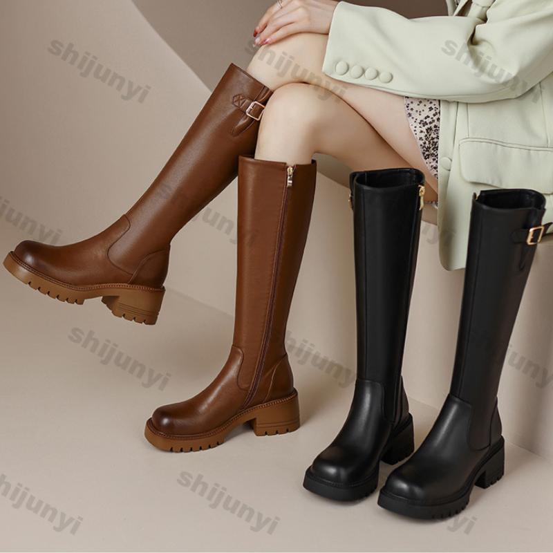 Women's Knee High Boots Square Heels New Casual Winter Long Boot Ladies Designer Round Toe Zip Fashion Chunky Knight Bootties