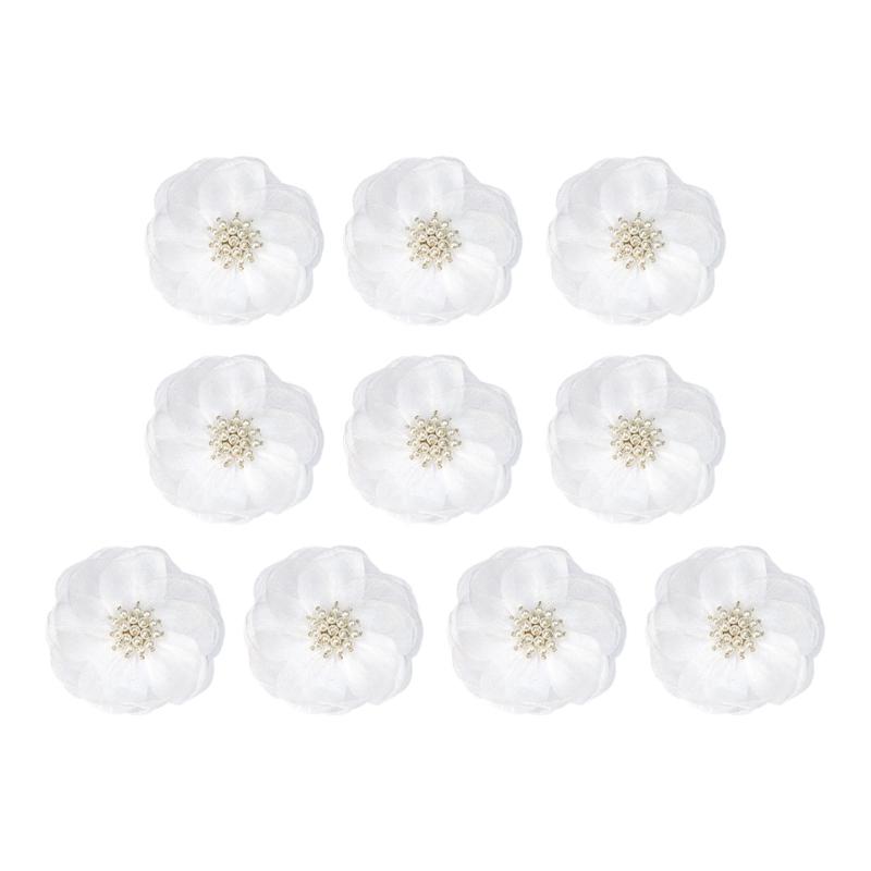 Fabric Flower Appliques with Layered Construction and Center Clusters, Set of Ten for Garments, Hair Accessories and Crafts