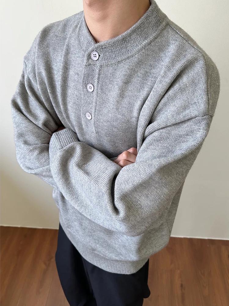 Men s Winter Grey Henley Collar Knit Sweater - Old Money Style, High-End Feel, Long Sleeve Base Layer Extra Large серый