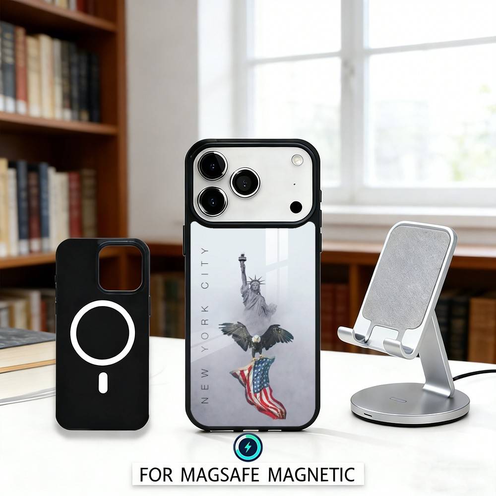 S-Statue L-Liberty America USA Flag Phone Case Magnetic For iPhone17 16 15 14 13 12 Pro Max For Magsafe Wireless Charging Cover