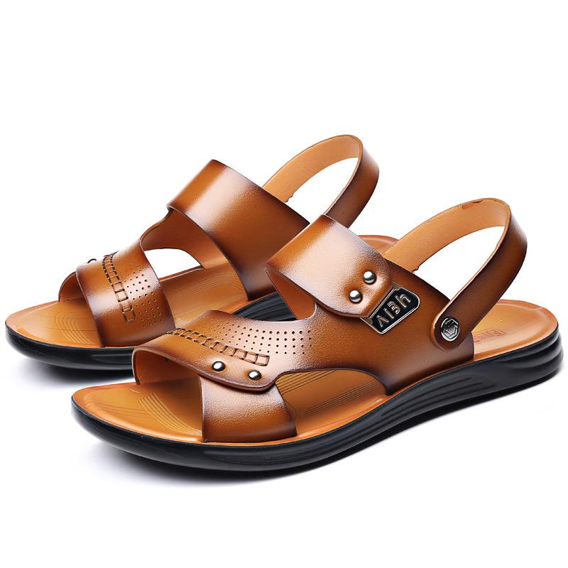 2025 Heren Slijtvaste Bruine Leren Sandalen - Jeugdtrend, Antislip, Ademend, Zomer Strand Schoenen.