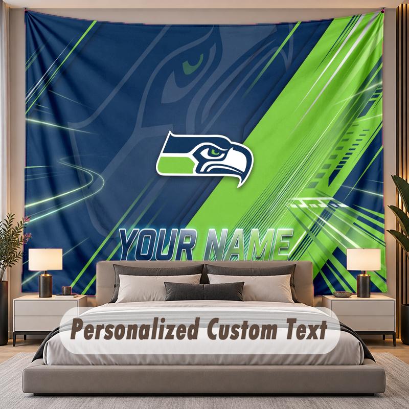 Custom Name Text Tapestry Seattle Seahawks Personalized Polyester Wall Tapestry For Bedroom And Room