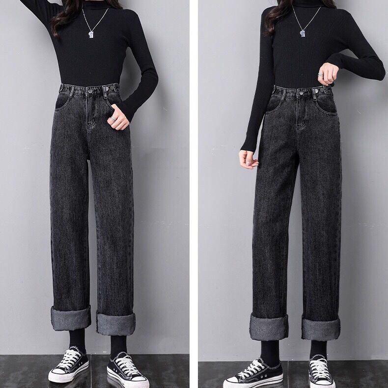 Women's High Waist Fleece-Lined Wide-Leg Jeans, Plus Size, Winter 2025, Slimming Straight-Leg, Floor-Length.