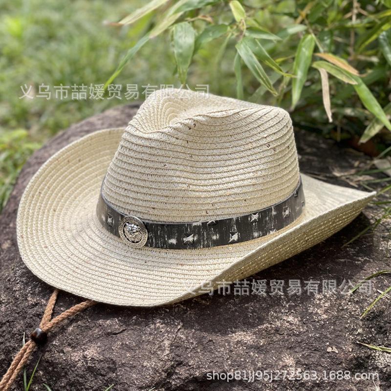 European and American lion head belt sequined straw hat spring and summer Tibetan hat for men and women sun protection shading mountaineering western