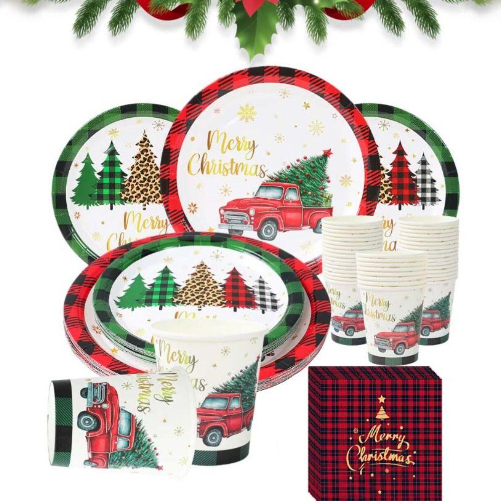 Plaid Print Christmas Disposable Tableware Set Serves 24 Disposable Paper Tableware  New Year