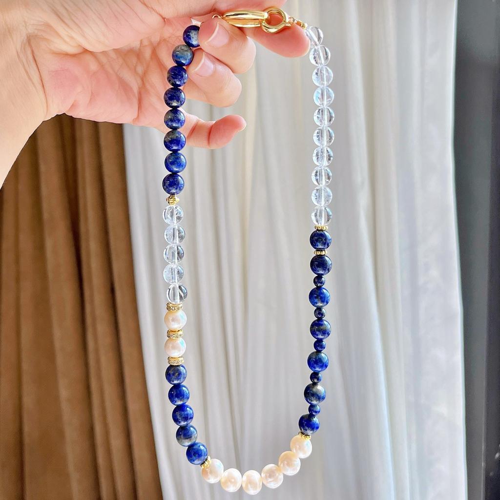 Natural Freshwater Pearl White Crystal Lapis Lazuli Design Sense Necklace Collarbone Chain Sweater Chain