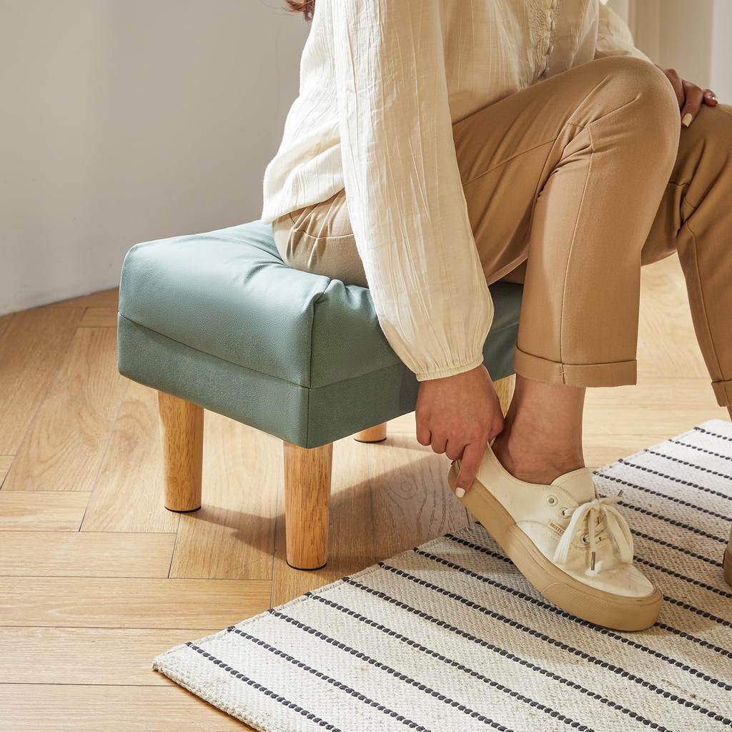Silla YMYNY Pequeña de Tela Técnica con Acolchado de Esponja y Taburete Zapatero de Madera para Salón o Puf Verde, Asiento, Reposapiés, Habitación, Dormitorio, Recibidor,