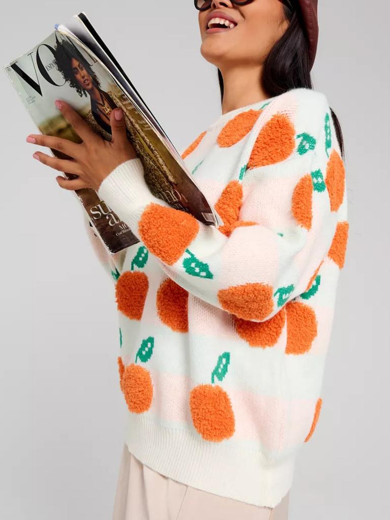 Casual loose orange plush jacquard round neck long sleeved thick knit pullover sweater for women 3551 EMA