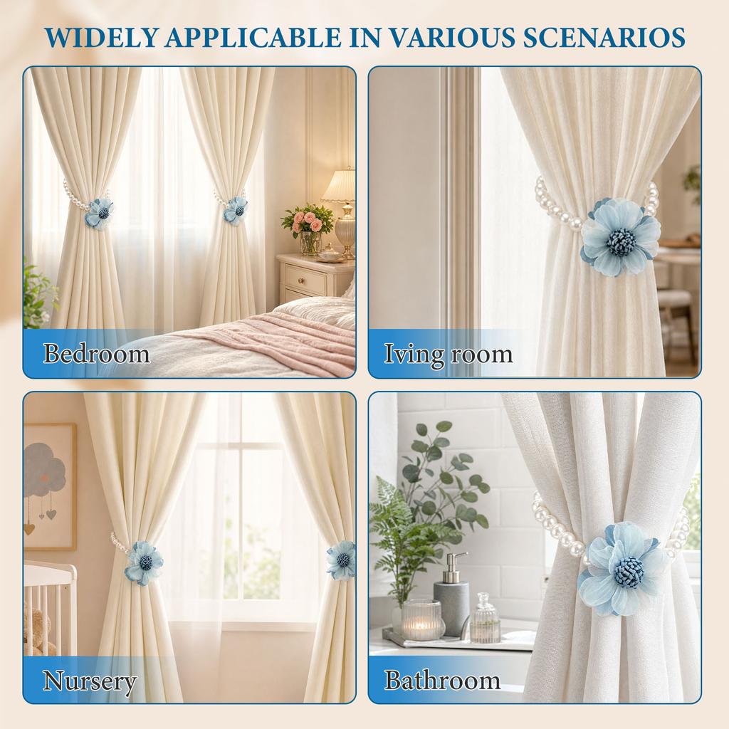 4Pcs Curtain Tiebacks Magnetic Curtain Holdback with Elastic Cord No Drill Window Decor Home Decor Flower Pearl Curtain Buckles