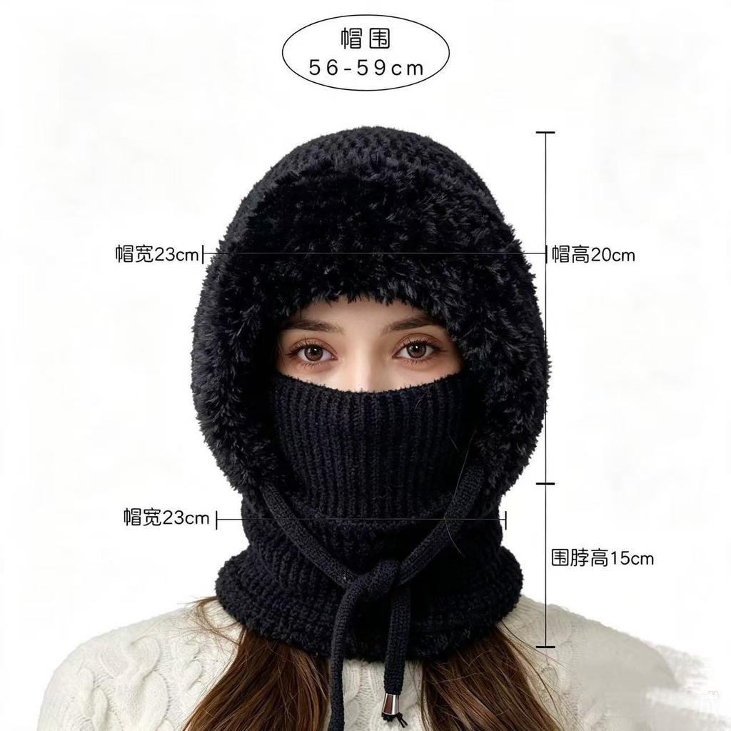 **Stor Hovedstørrelse Integreret Hue Kvinder Efterår Vinter Fleece Fortykket Ansigtsdækning Strikket Hue Halsedisse Maske Varm Pullover Balaclava**