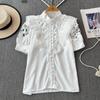 Women's Stand-up Collar Spring Embroidery Shirt Hollow Ruffled Lace Shirt Short-sleeved Solid Colour Ageing Splicing Shirt