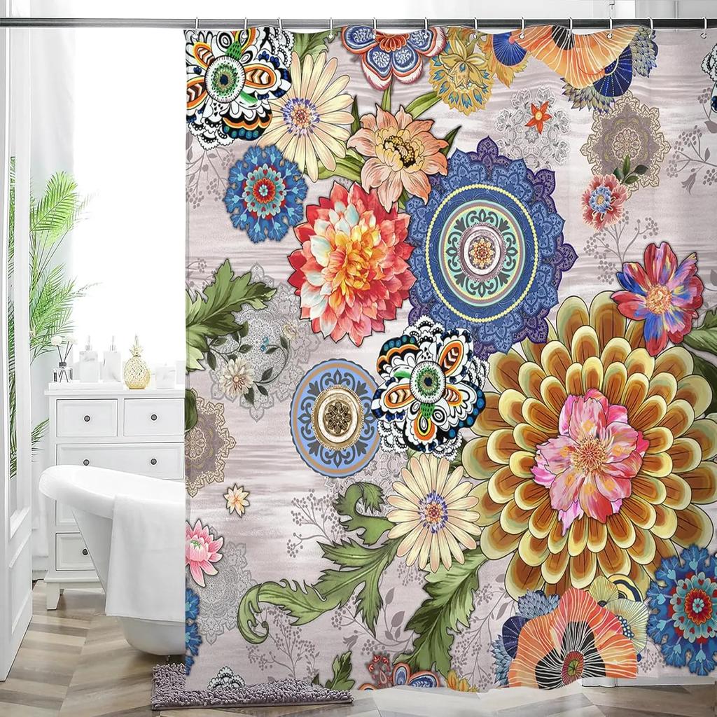 Flerfärgad Blomkonst Blommig Duschdraperi Badrum Dekorativ Vattentät Tvättbar Duschdraperi 180x180cm
