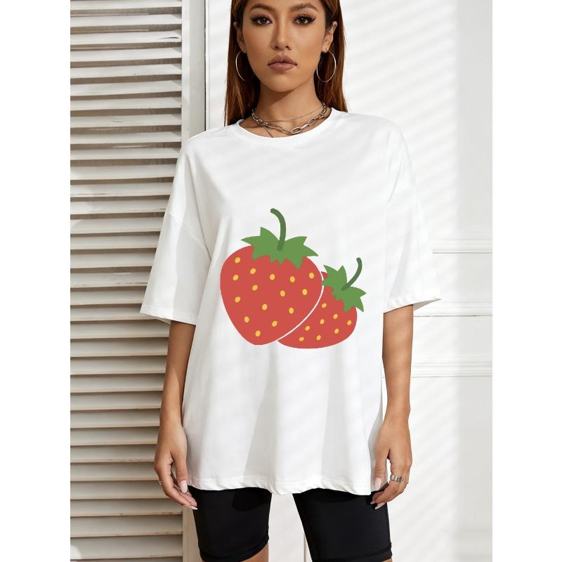 

Strawberry Print T Shirt White Casual Summer Top For Women Streetwear Fashion Trendy Graphic Tee With Fruit Design Perfect For Everyday Wear XXXXL білий