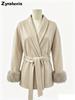 Fall French Wool Coat Short Jacket Women Fluffy Sleeve V-Neck Tie Waist Solid Color