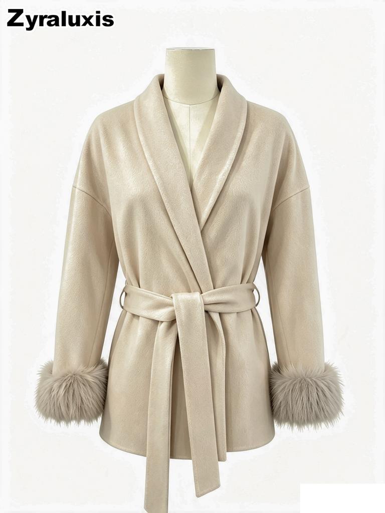 Fall French Wool Coat Short Jacket Women Fluffy Sleeve V-Neck Tie Waist Solid Color