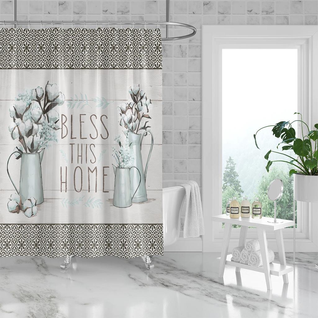 1PC cotton vase home pattern printed shower curtain, waterproof and washable, with 12 hooks, bathroom shower, bathtub, home use