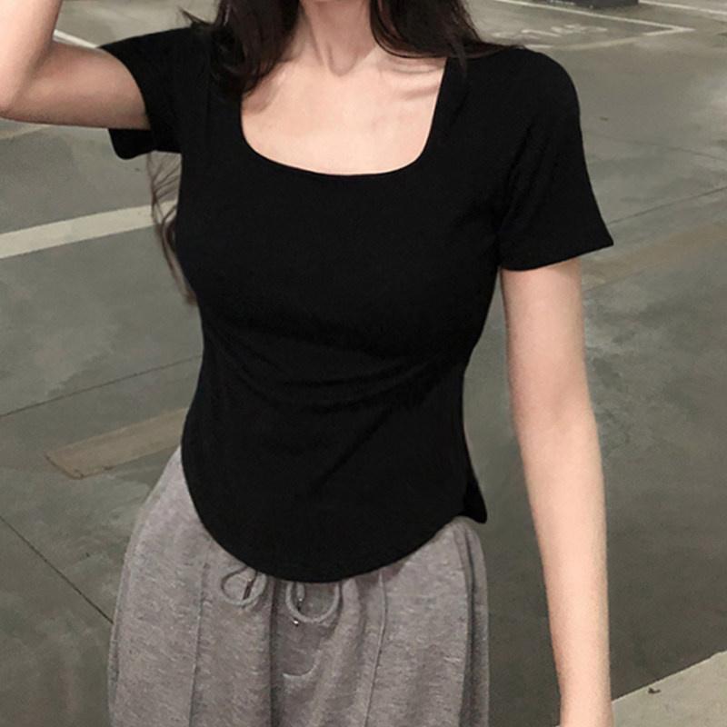 Threaded square neck curved hem short sleeved T-shirt, unique and tight fit, low neck, front shoulder, inner bottom top, JS