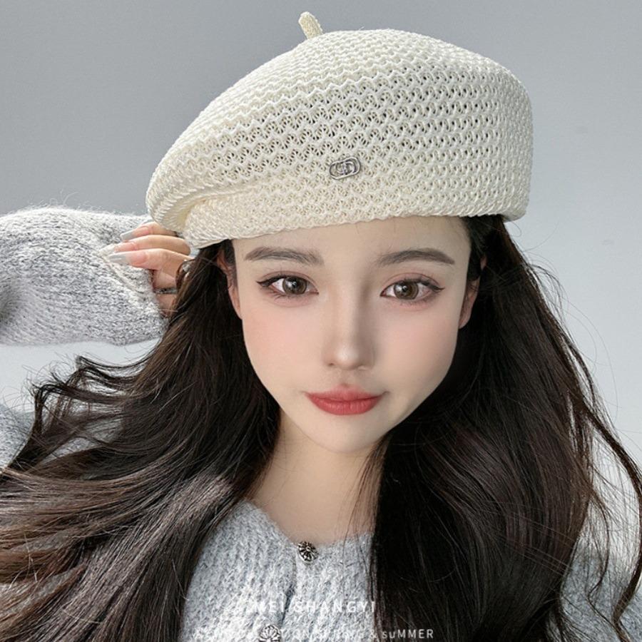 Summer new hat women's sunshade thin knitted beret versatile breathable hollowed out big head bud painter hat