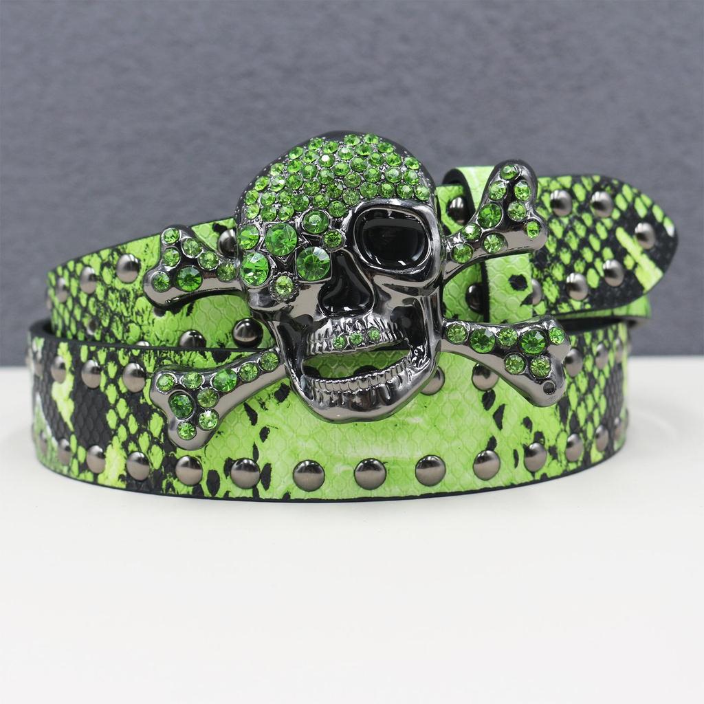 Y2K Rhinestone Skull & Snake Punk Belt - Unisex Leather with Rivet Decoration