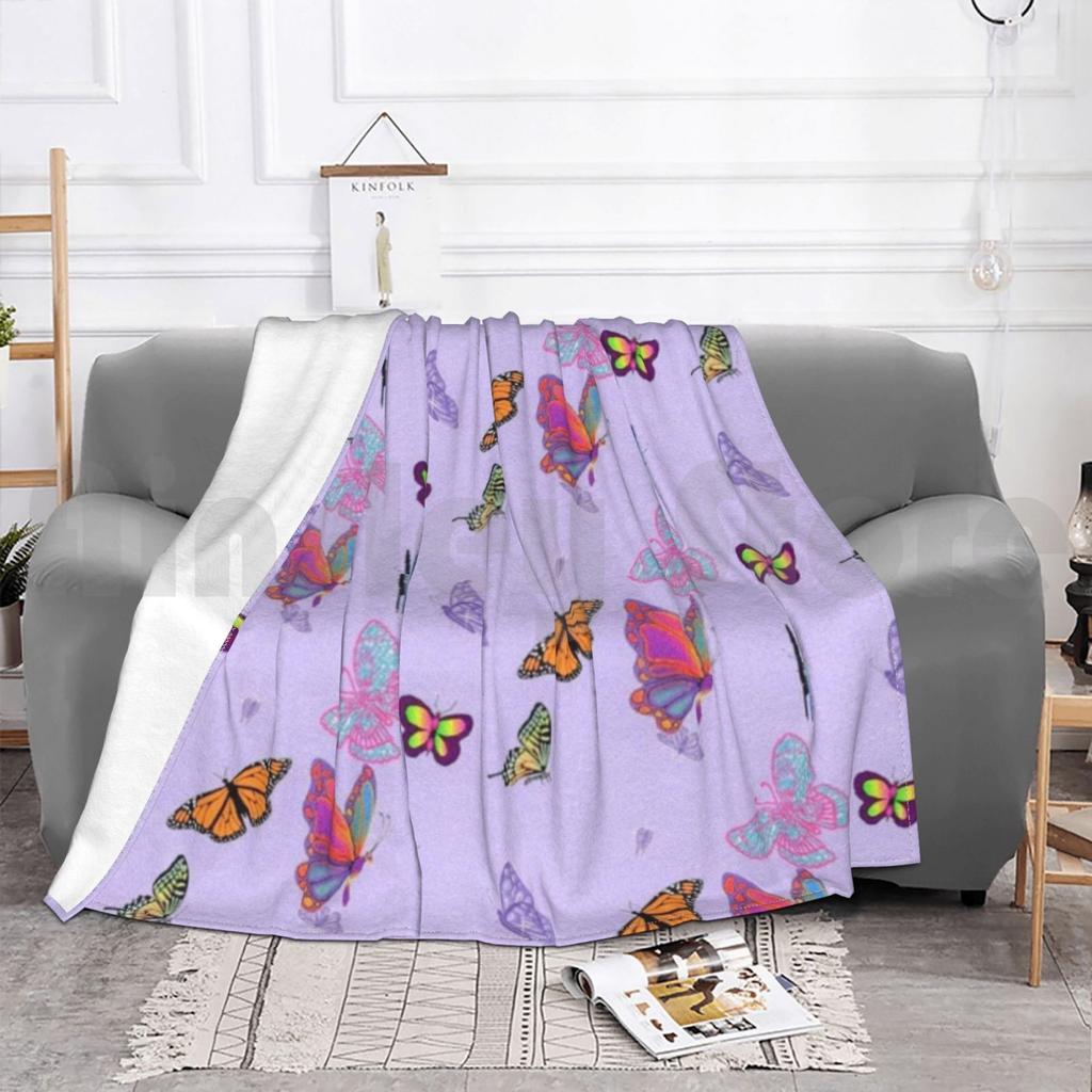 Multicoloured Butterflies Blanket For Sofa Bed Travel Multicoloured Butterflies Pastel Pattern Cute Puprle
