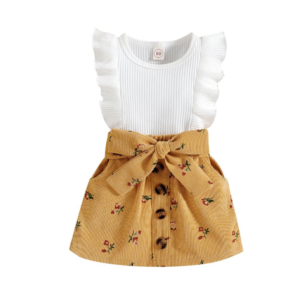 Girls' Fashion Set Children's Flying Sleeve Floral Corduroy Skirt Two-piece Set