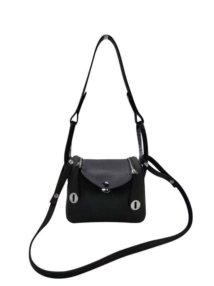 New First-layer Cowhide Lindy Bag, Genuine Leather Shoulder Messenger Bag, Fashionable Doctor Bag, Mini Bag, Silver Buckle, Silver.