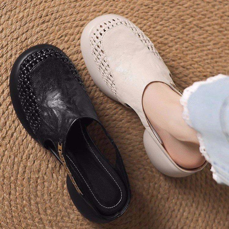 Baotou thick-bottomed sandals soft leather hollowed-out semi-tows new summer woven mesh high-heeled slippers women