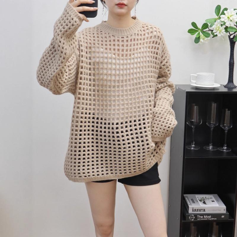 Hollow Thin Knitted Sweater Top Early Autumn New Loose and Thin Lazy Wind Sweater Pullover Woman