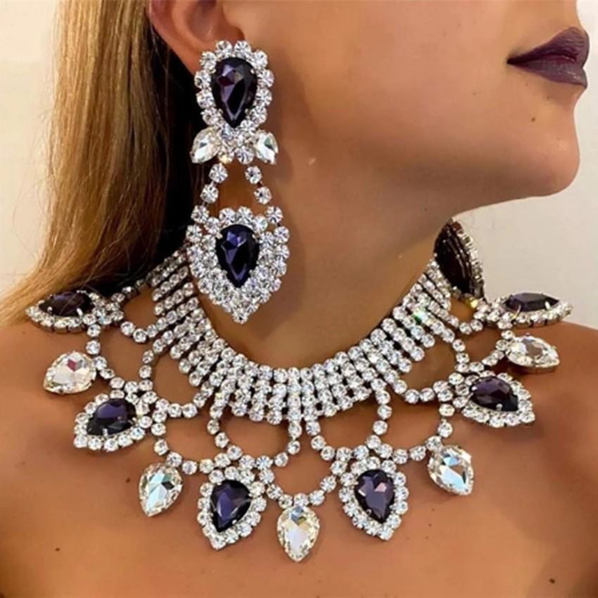 New Fashionable European and American Exaggerated Handmade Rhinestone Colored Crystal Necklace Earring Set Bridal Dress Jewelry