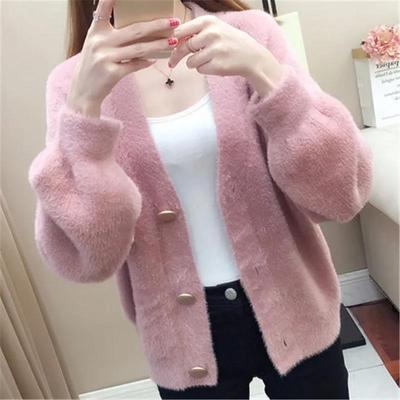 Frühling und Herbst Damen Einfarbig Nachahmung Nerz Fleece Strick Knopf Strickjacke Jacke Pullover Kurze Lose Lose Außenjacke Damen